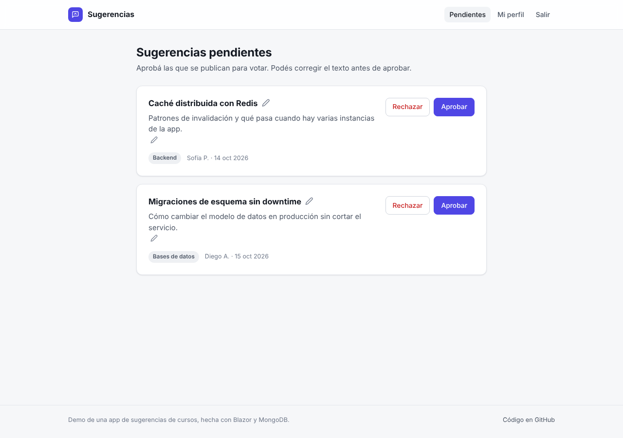 Pending suggestions that an admin can approve, reject or edit.