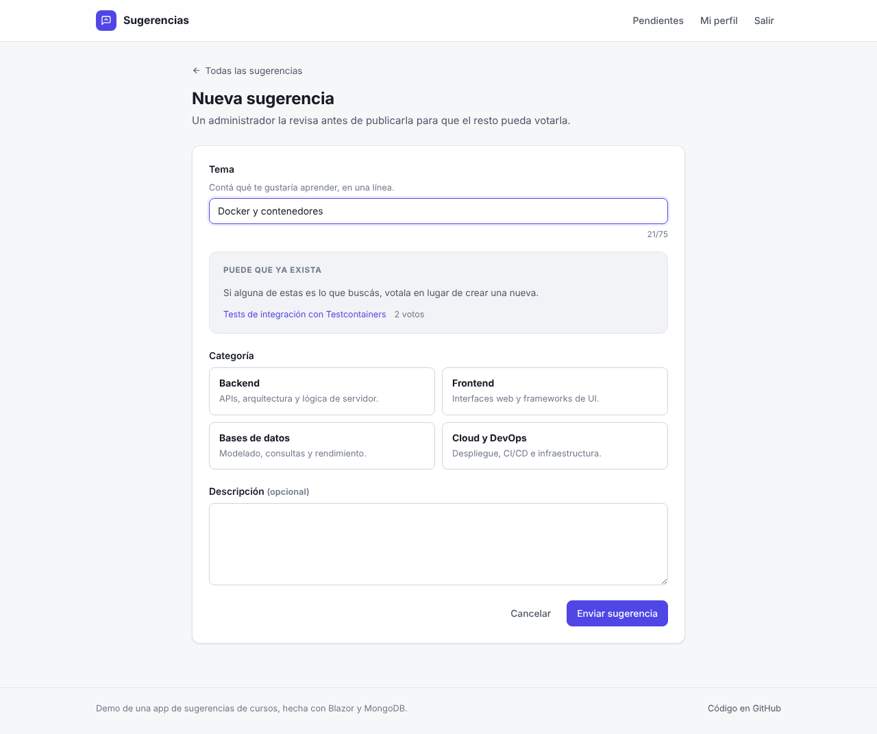 New suggestion form listing an existing suggestion with similar words.