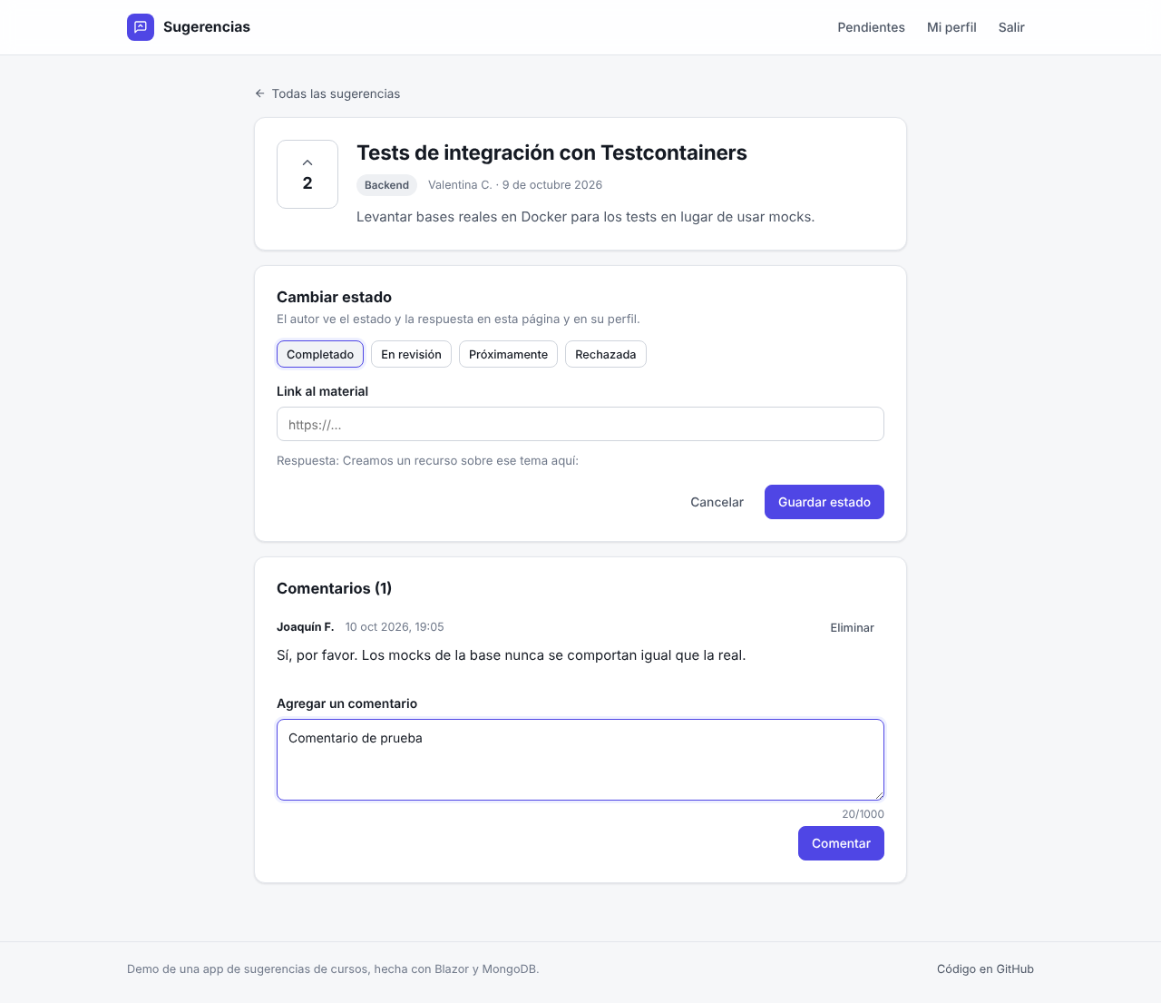 Suggestion page with the admin status panel and comments.