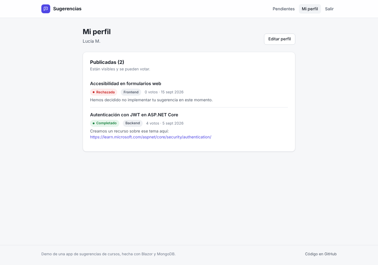 User profile with their suggestions, status and the admin's answer.