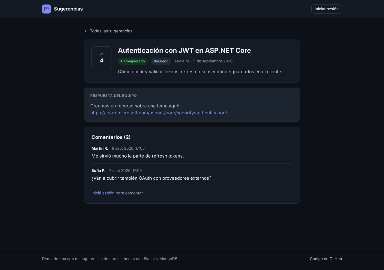Suggestion page in the dark theme.